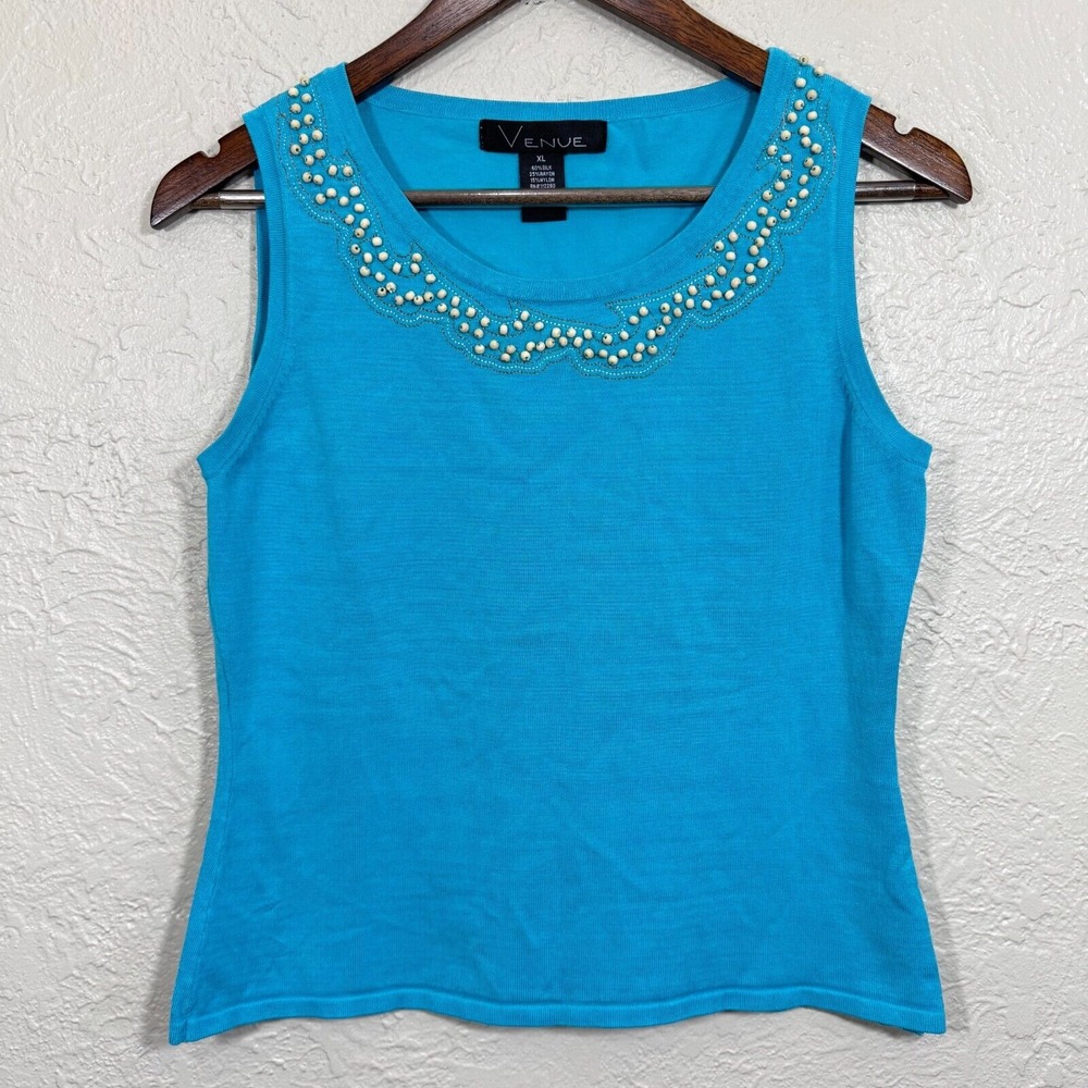 Vintage 90s Silk Blend Tank Top XL Venue Nylon Crop Beaded‎ Luxury Beach Resort